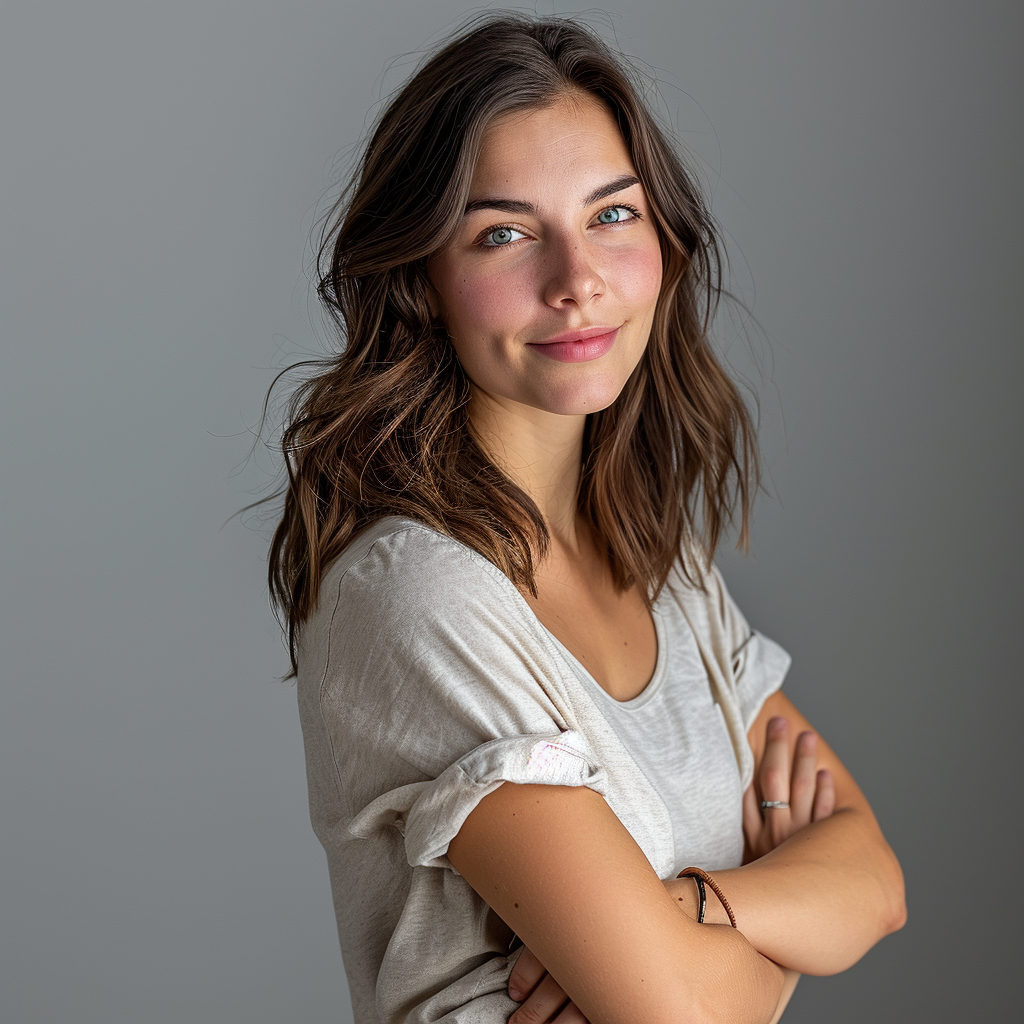 Smiling confident female model in casual attire