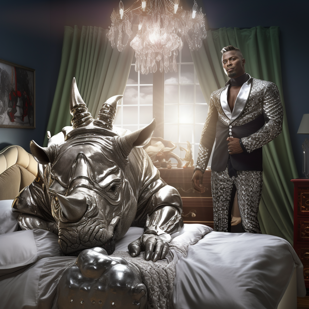 Attractive male rhino and Marvel style in bedroom