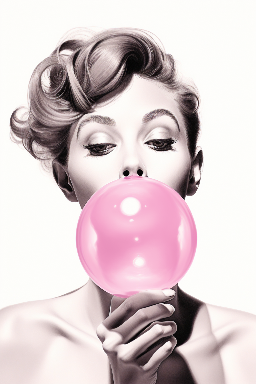 Audrey Hepburn blowing pink bubble gum