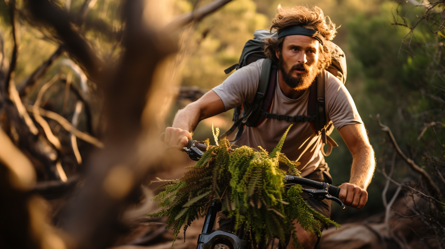 Athlete carrying bike in Australian bush