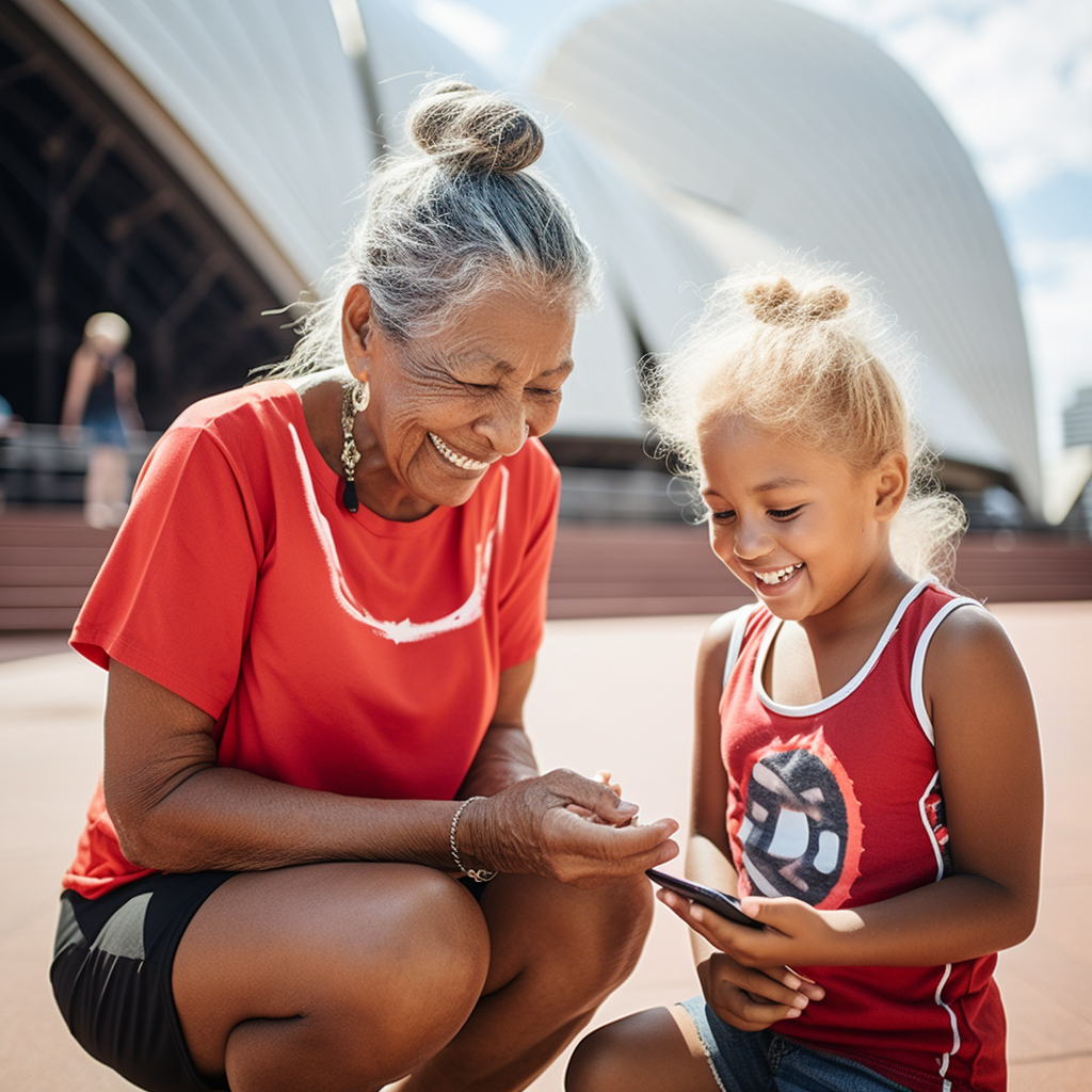 Smiling Aboriginal Elderly Woman Using Smartphone