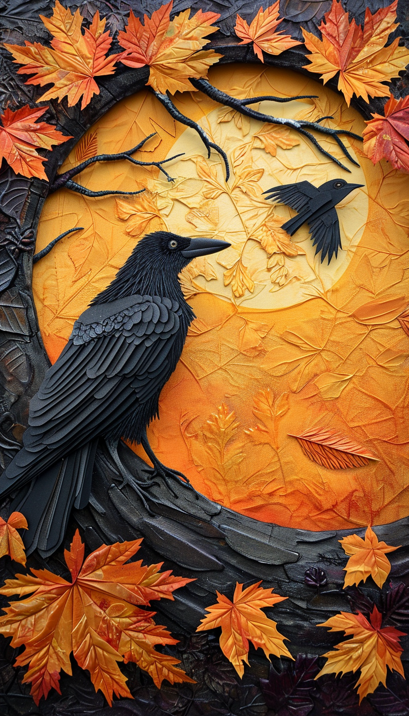 Autumn Aura with Falling Leaves and Crows