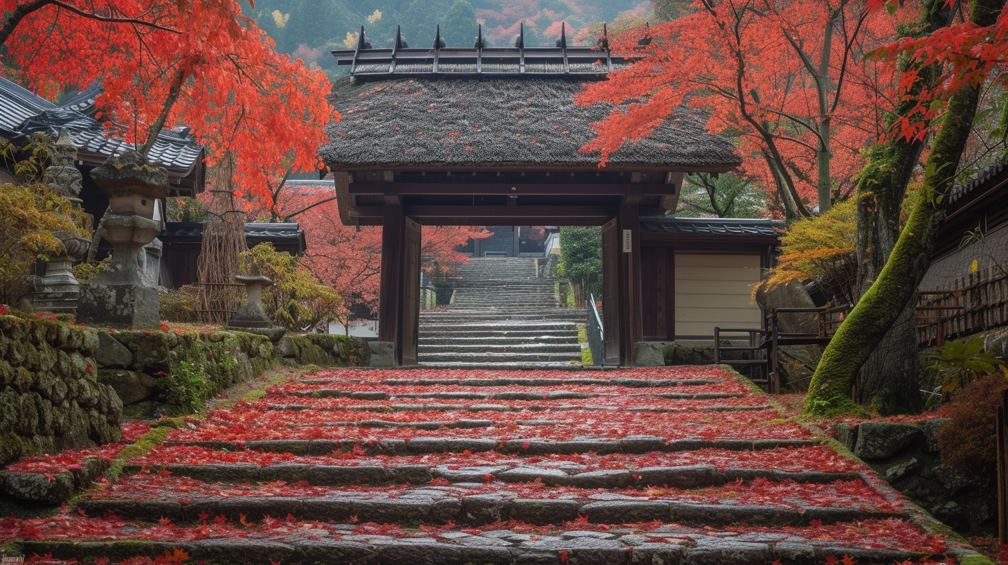 Autumn leaves on thatched roof Sanmon gate