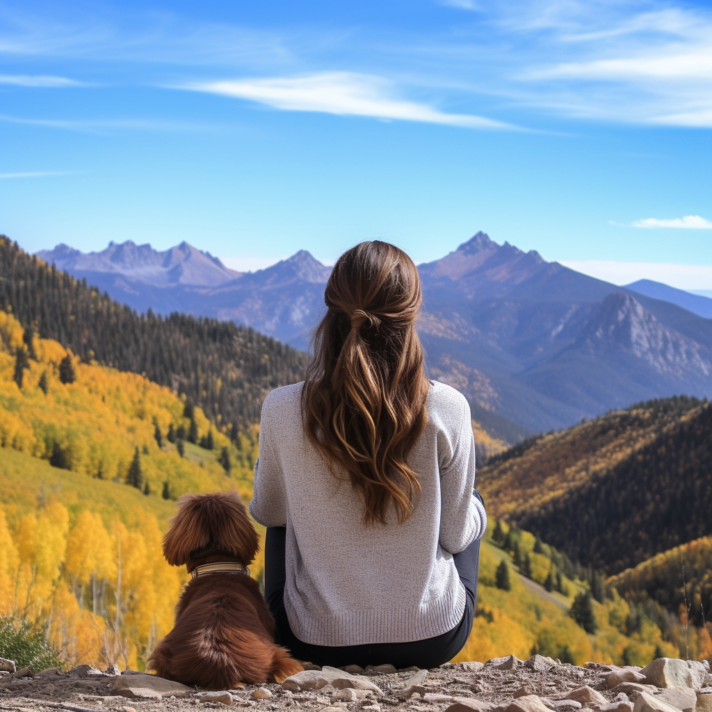 Girl and Dog on Colorful Autumn Mountain