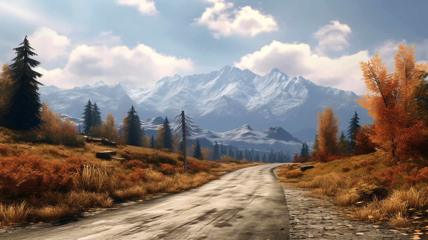 Scenic autumn road with farms and mountains