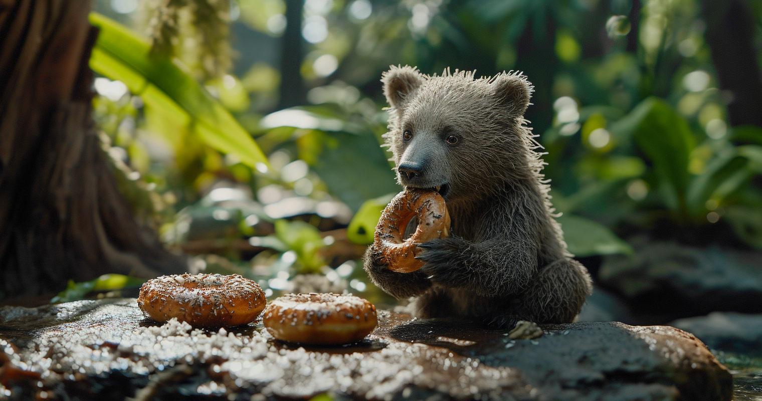 Happy baby bear enjoying donut holes