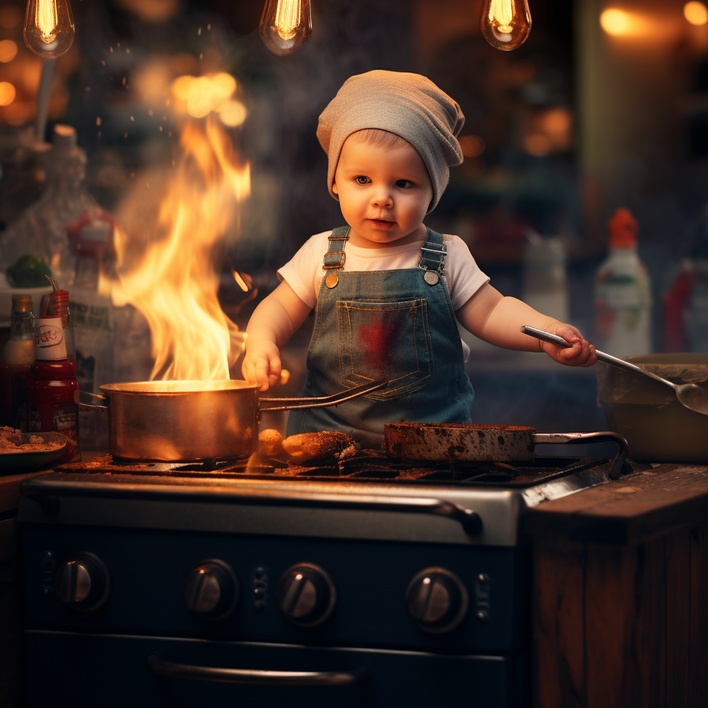 Baby Boy Cooking in Restaurant Kitchen