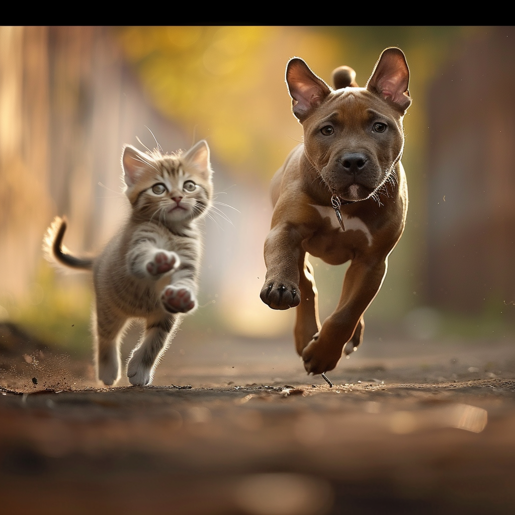 Baby cat chasing pitbull