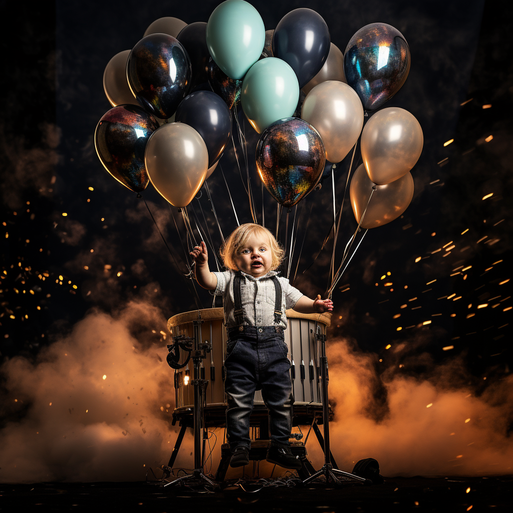 Baby musician with black balloons