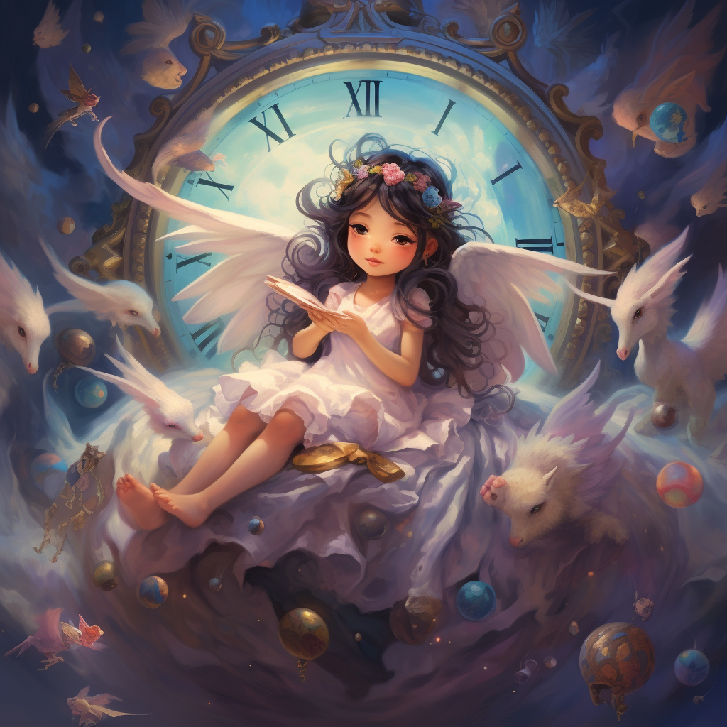 Baby playing with watch on giant pillow with fairies and unicorns