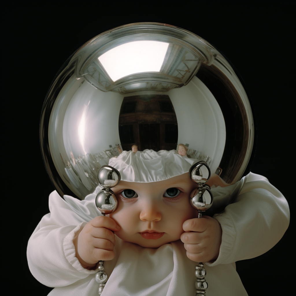 Cute baby with mirror sphere holding doll's head