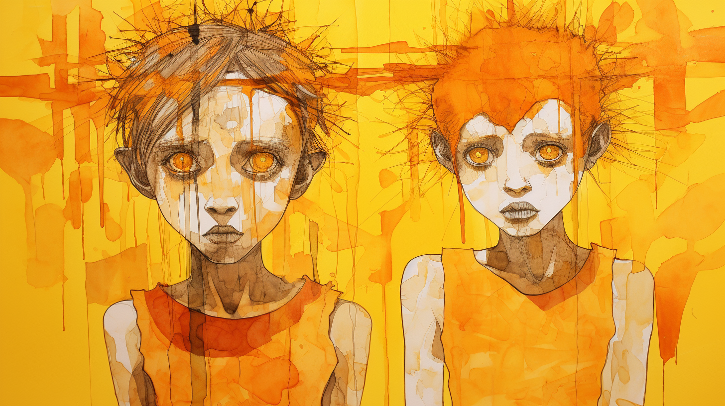 Playful kids drawing with yellow and orange colors