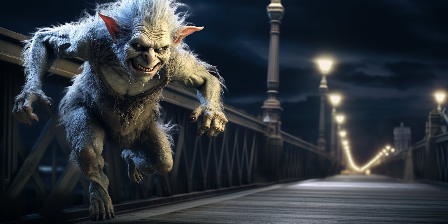 Detailed image of a bad troll running with an elf on a blanche pont nuit bridge.