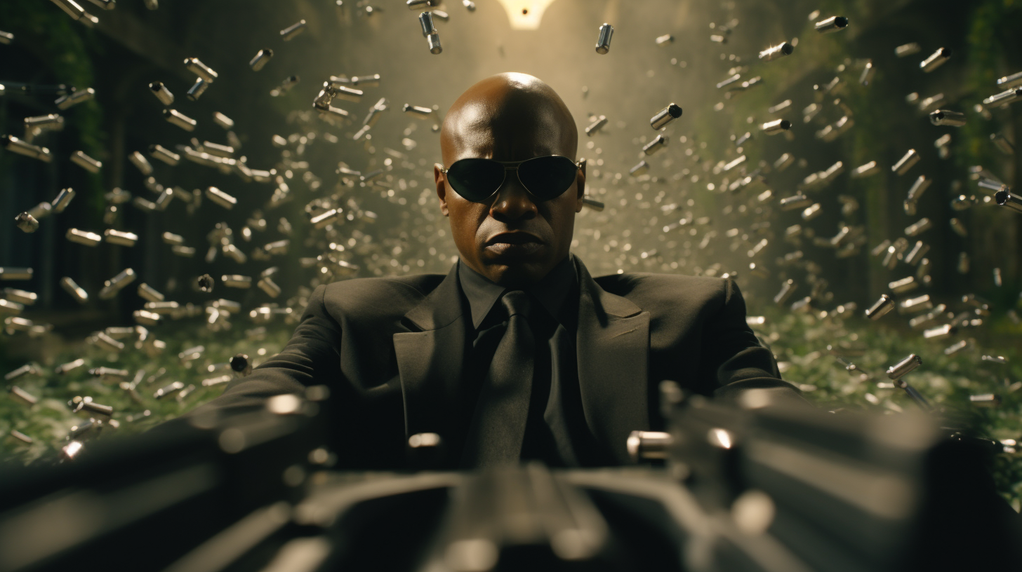 Bald man dodging bullets in Matrix-inspired scene