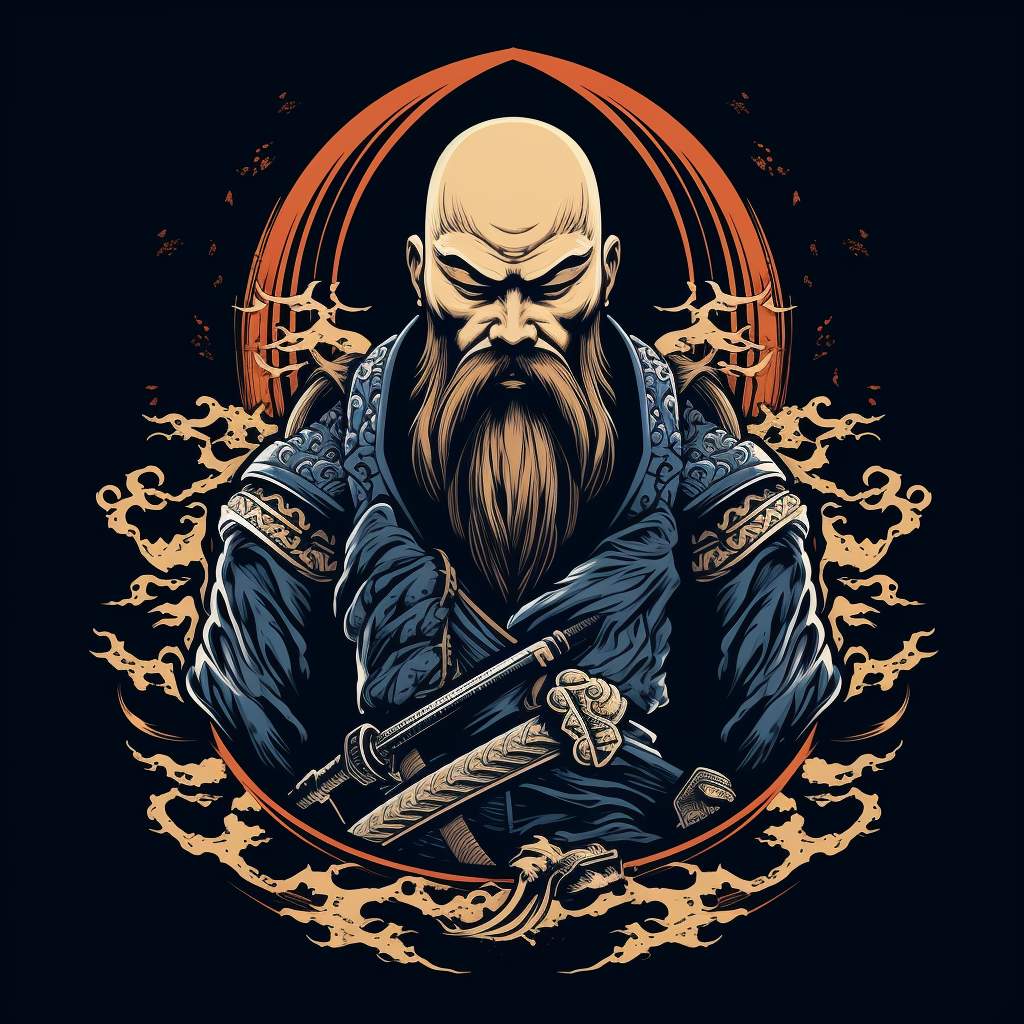 Bald shogun samurai with beard and sword