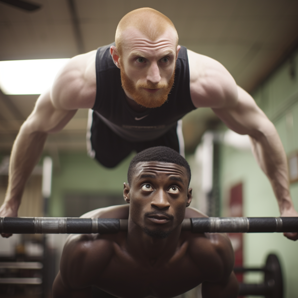 Focused ginger man observing intense black man's Olympic bar workout