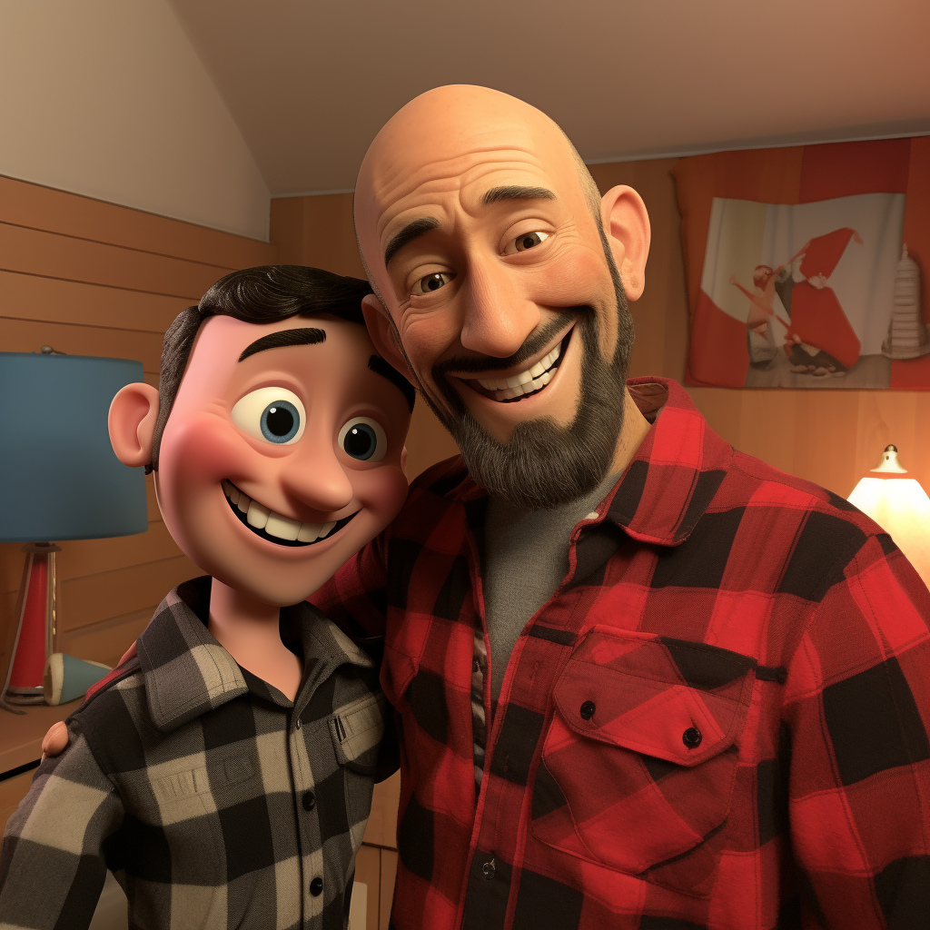 Smiling bald man with Disney Pixar version