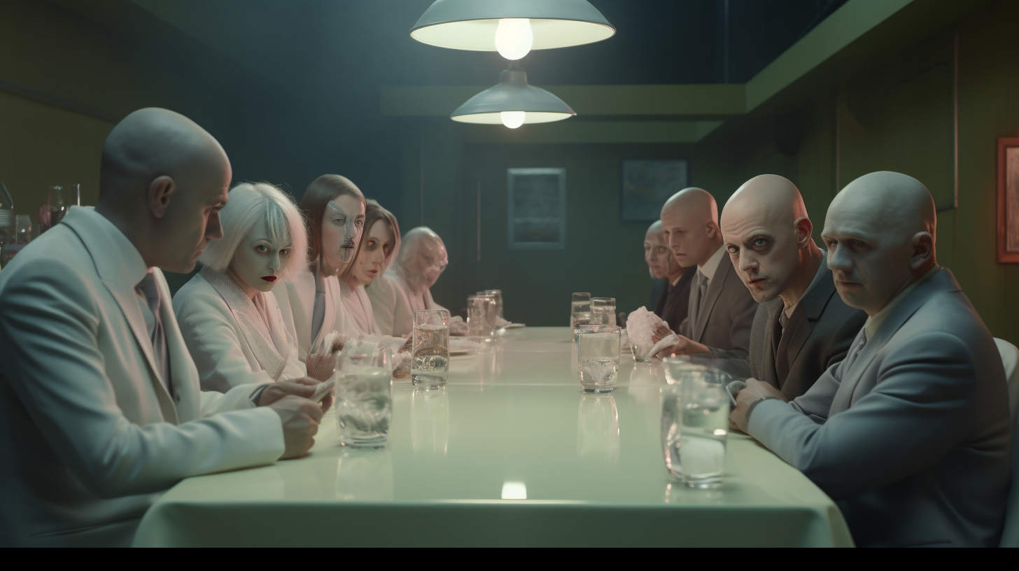 Group of Bald People Enjoying a Meal