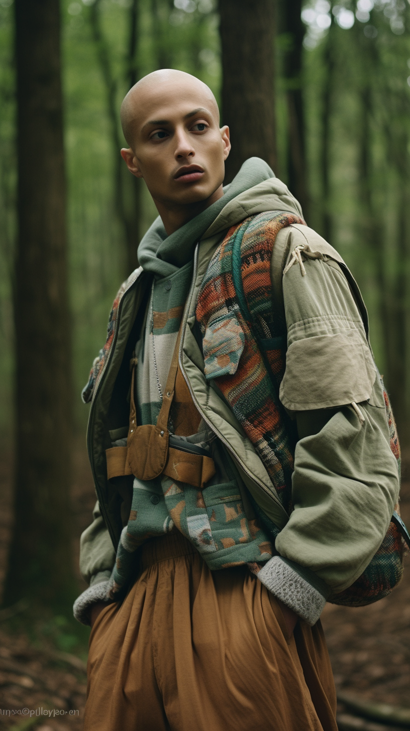 Bald Trans Model in Fashionable Patchwork Outfit