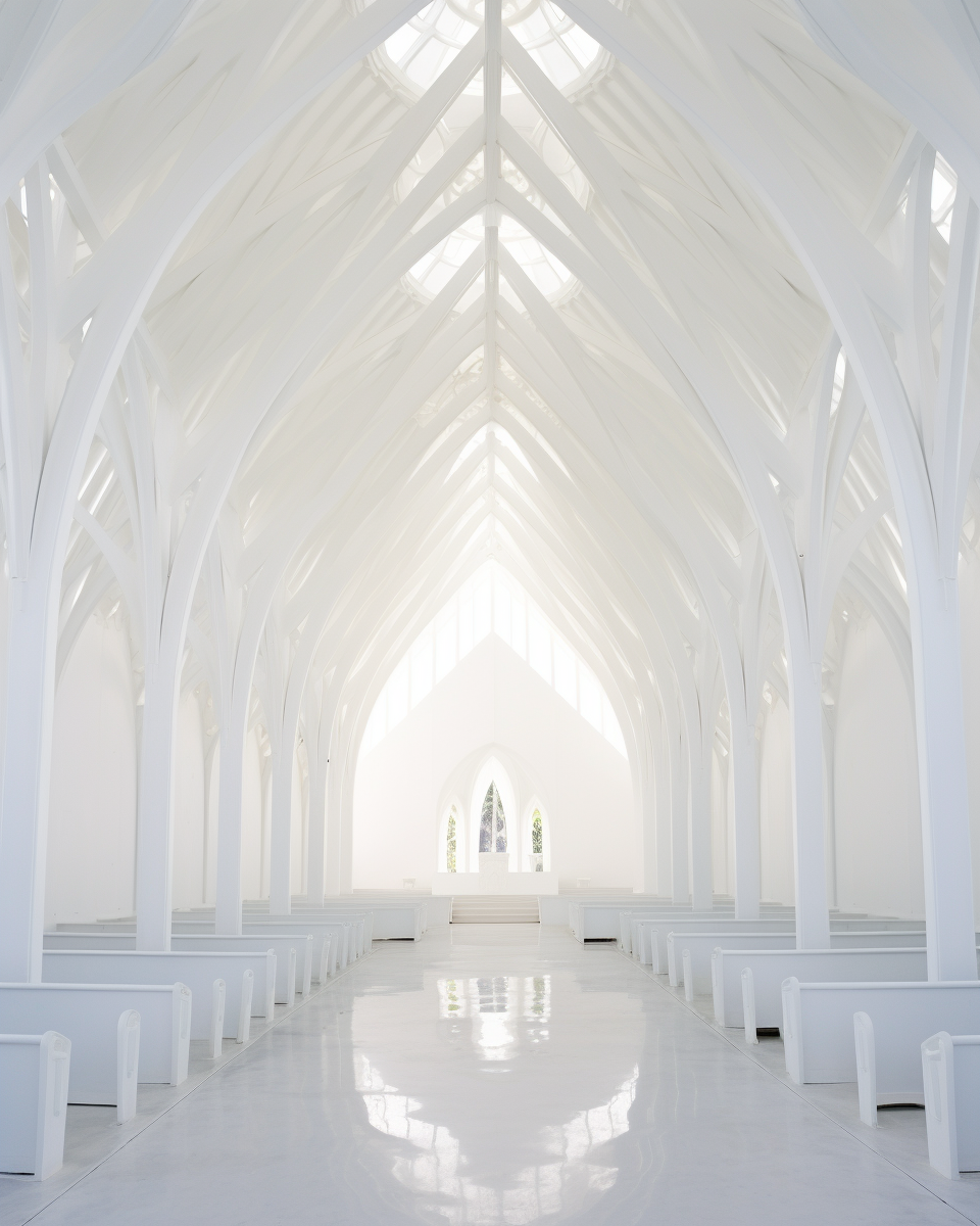 White-on-white Balinese-style church interior