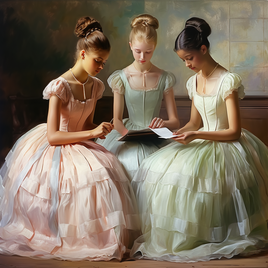 Three graceful ballerinas in soft pastel tutus