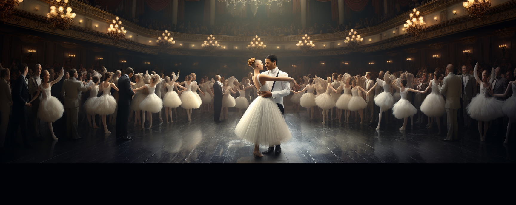 Two ballerinas en pointe embracing on stage