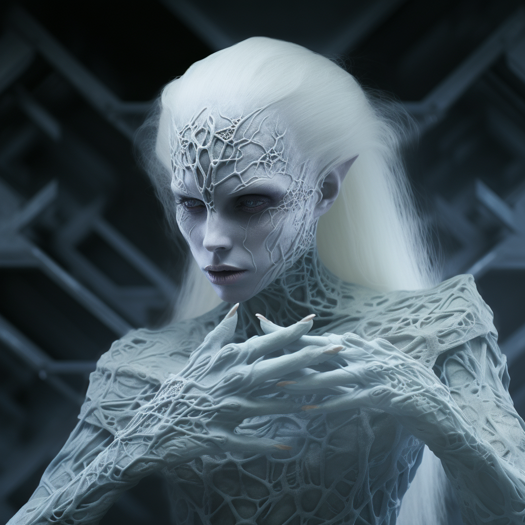 Ethereal banshee with translucent eyes and mother-of-pearl nails