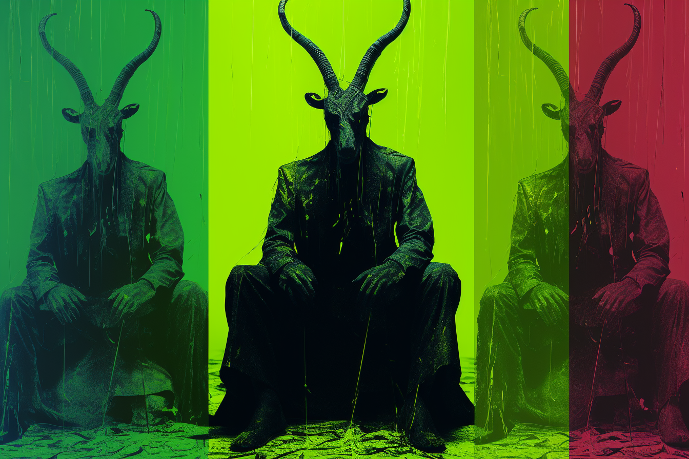 Portrait of Baphomet eating a black sock against a vibrant rainy background