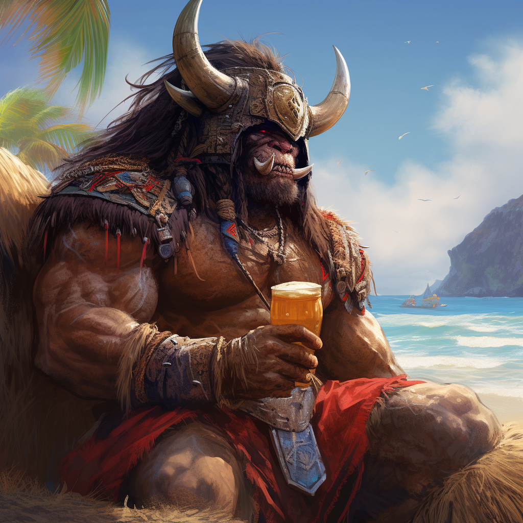 Barbarian wearing Buffalo Bills beer helmet on beach