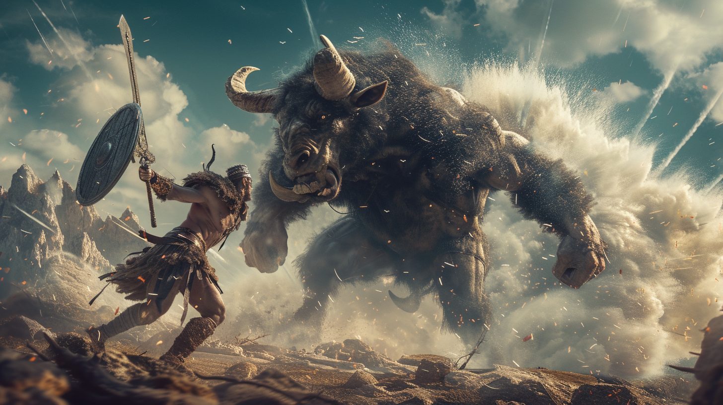 Barbarian warrior fighting minotaur in epic battle