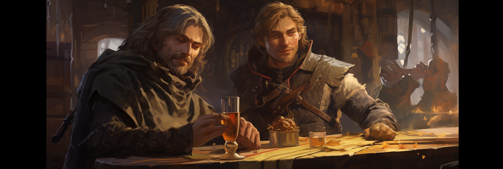 Two friends enjoying wine in a tavern