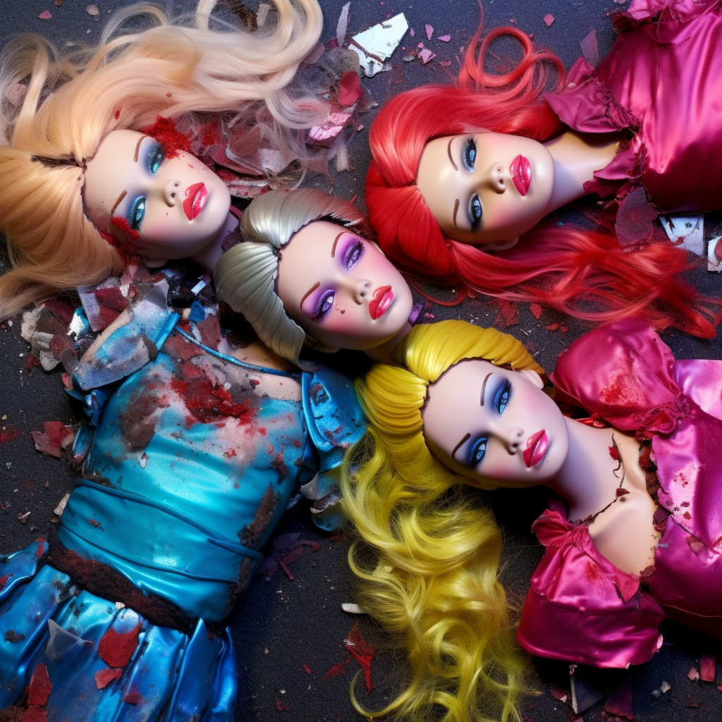 Artistic representation of torn Barbie-like dolls