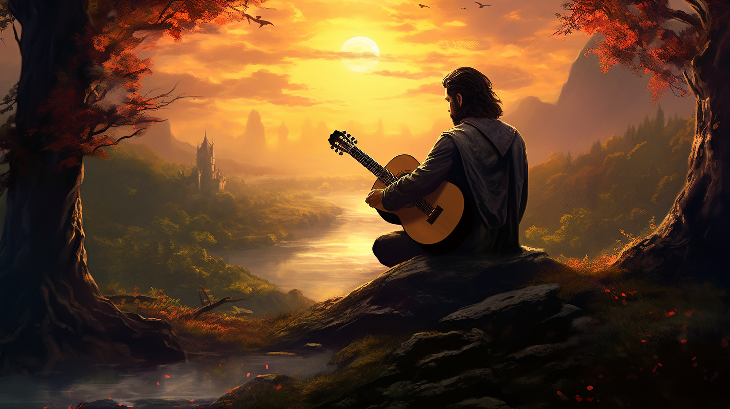 Bard with ponytail in forest sunset holding guitar