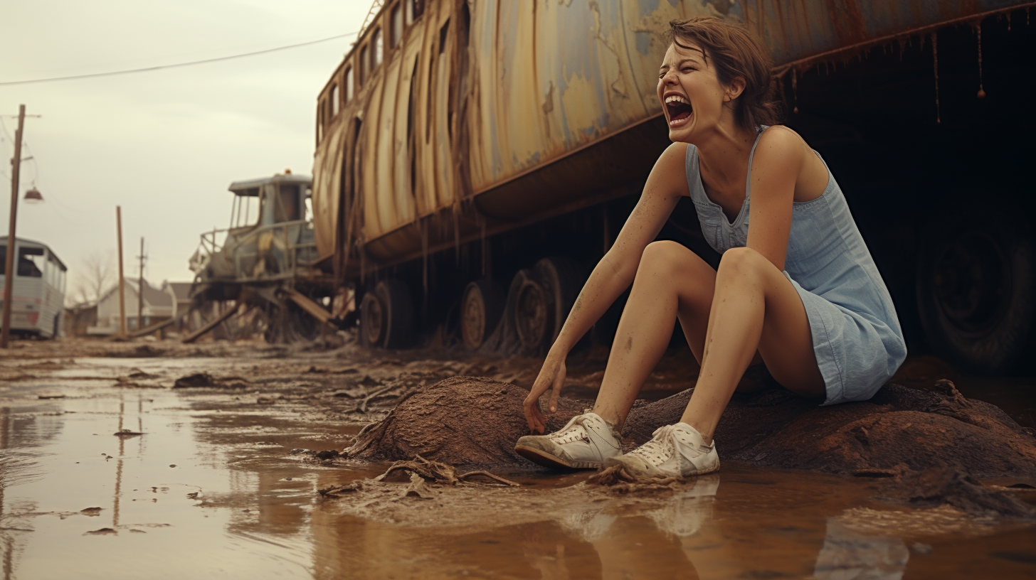 Haunted barefoot woman laughing in trailer park