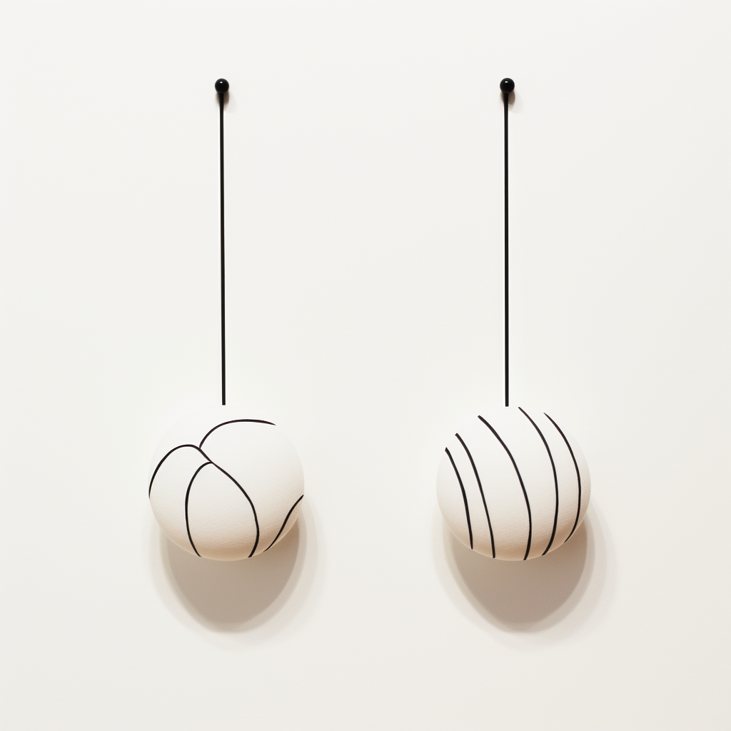 Minimalist basketballs suspended by laces on a white background