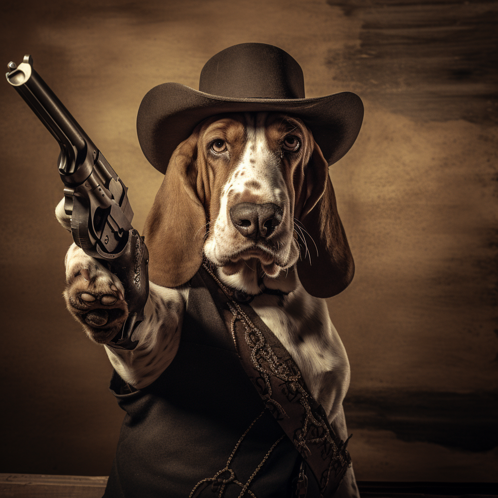 Basset Hound dressed as gunfighter