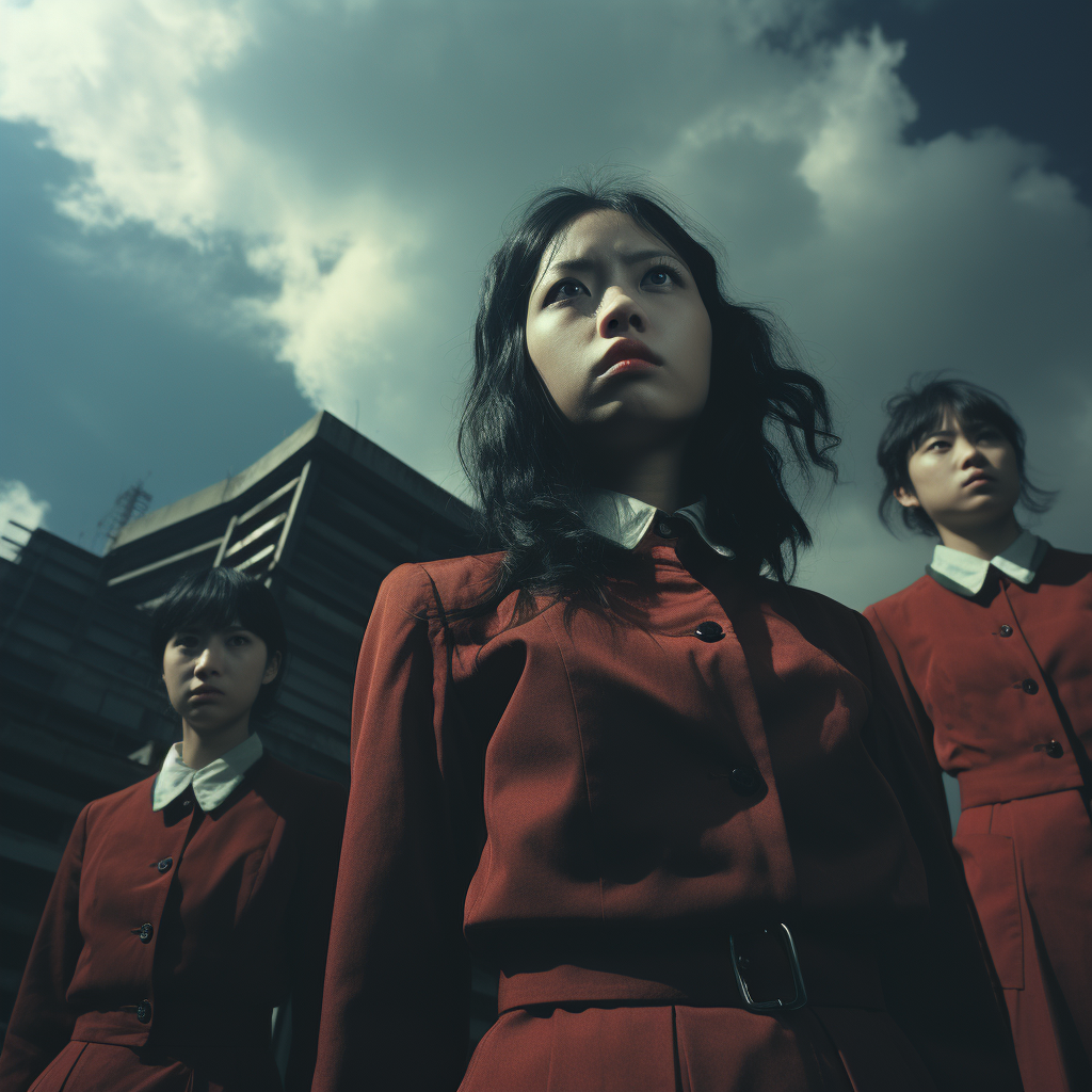 Schoolgirls standing on wall in uniform