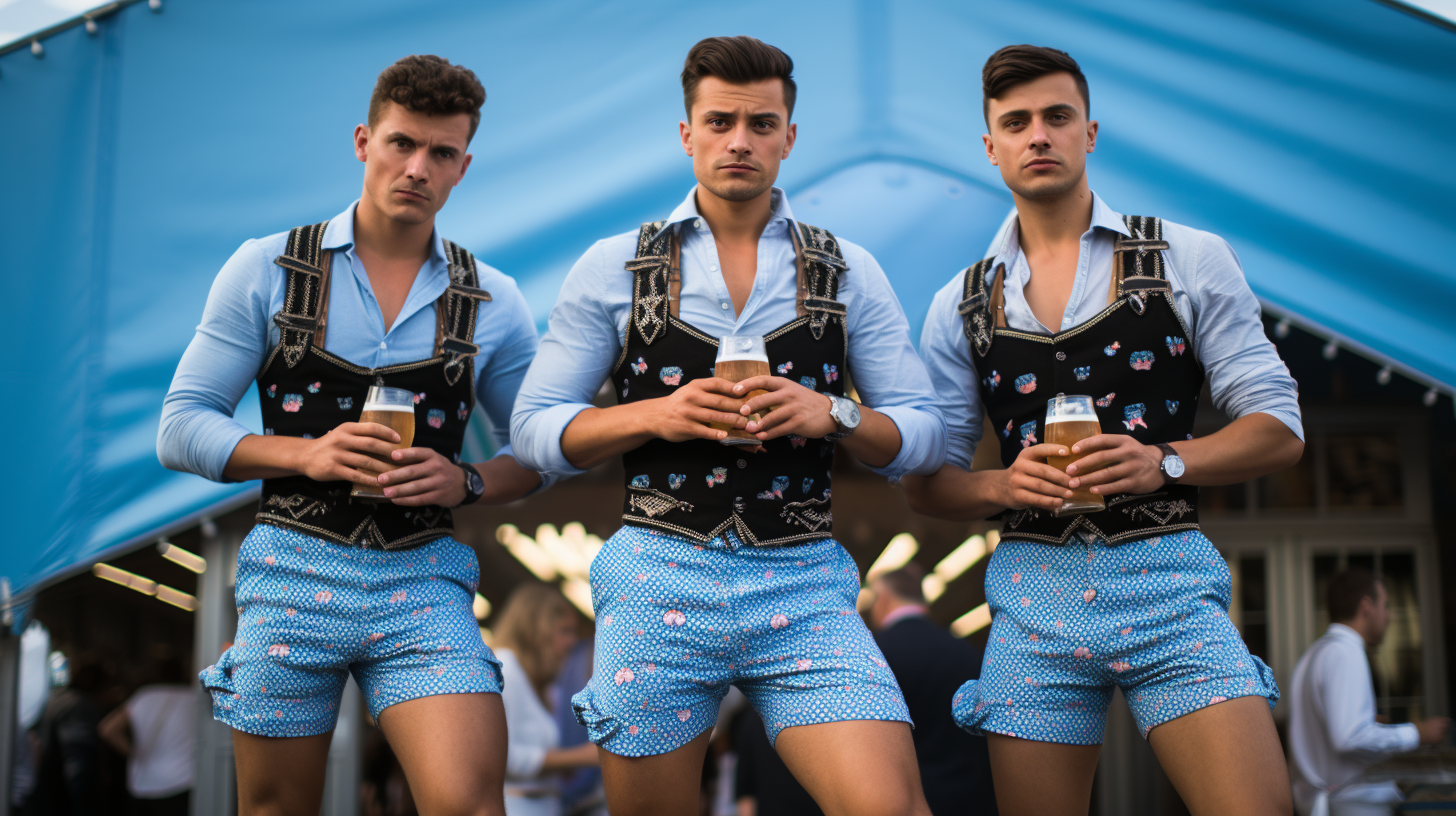 Three Bavarians wearing heart-patterned underpants at Oktoberfest