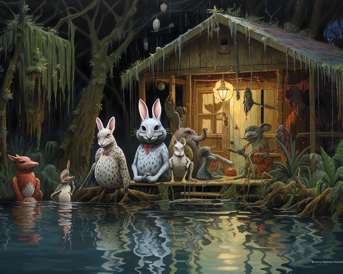 Mythic animal characters in a surreal bayou swamp