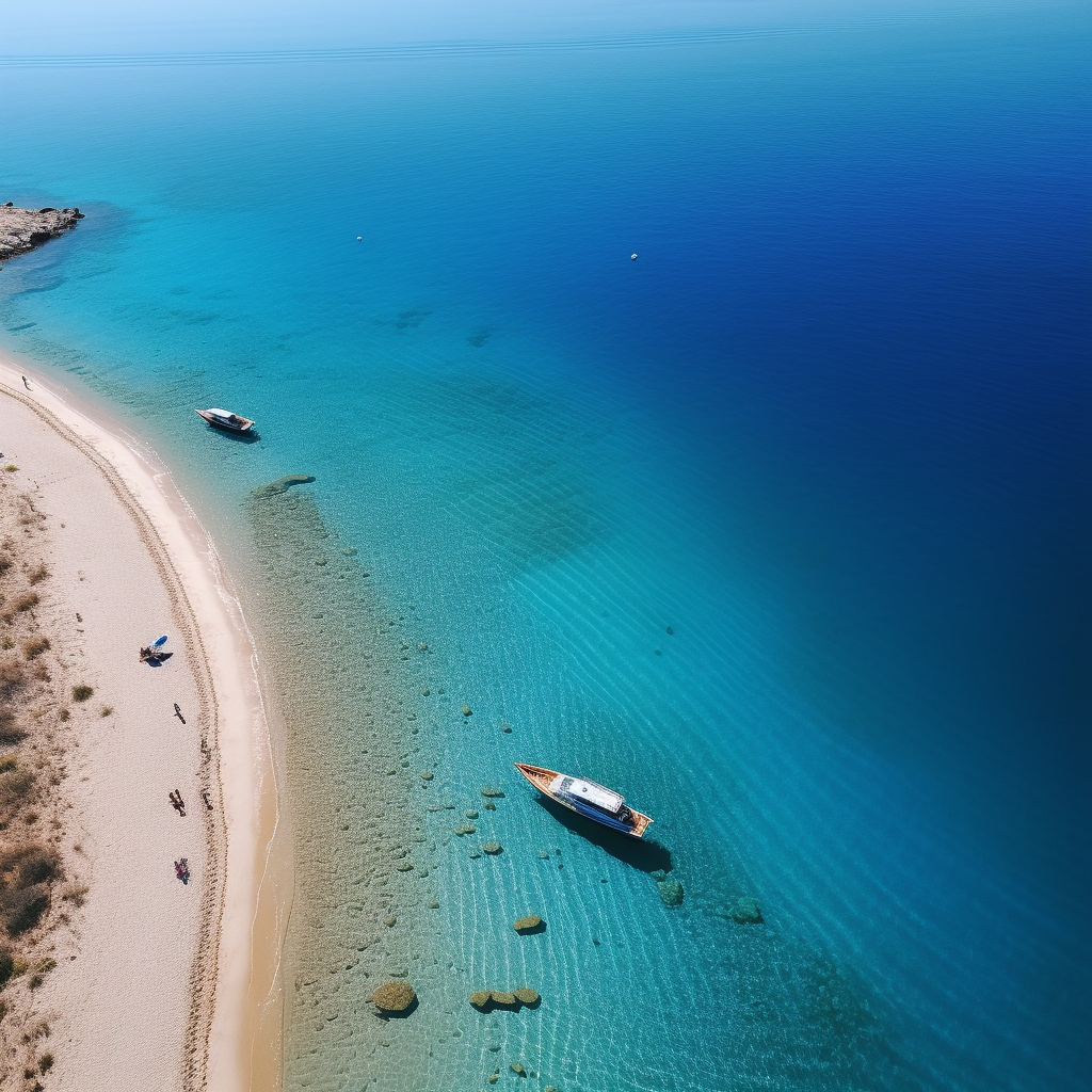 Aerial view of sunny beach and blue sea