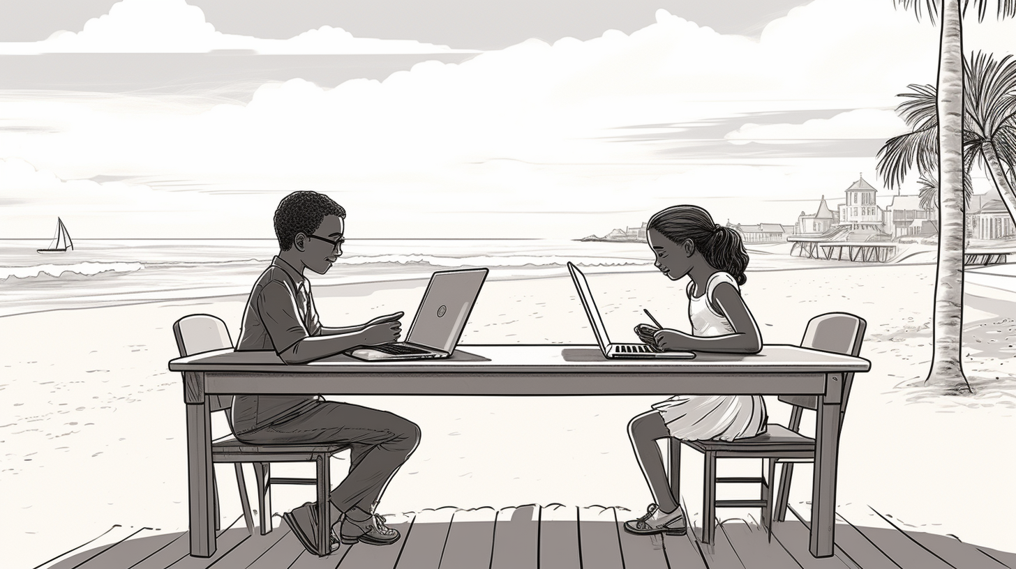 Black boy and white girl peacefully working on laptops at Cascais beach