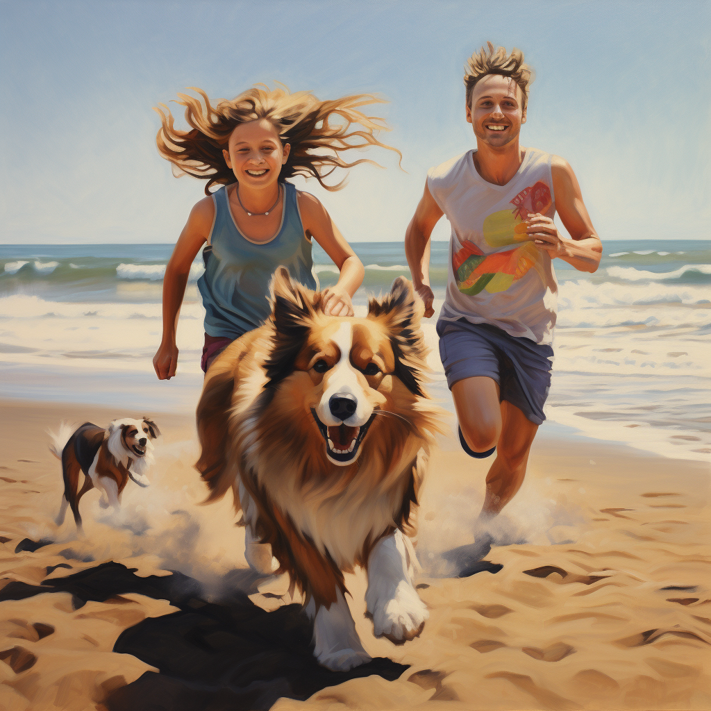 Happy family enjoying beach with their Shetland Sheepdog