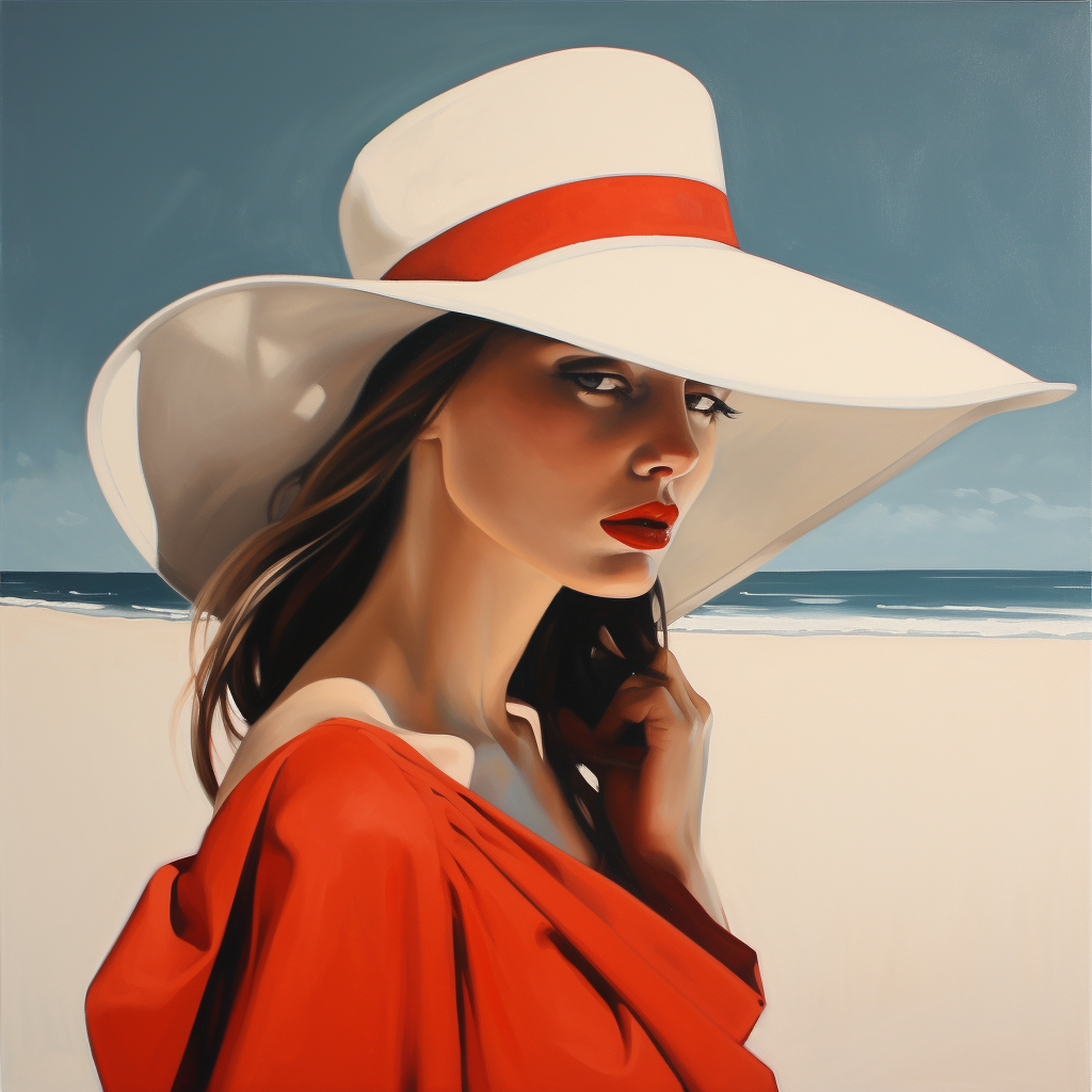 Woman with Beach Straw Hat and Falling Shadows