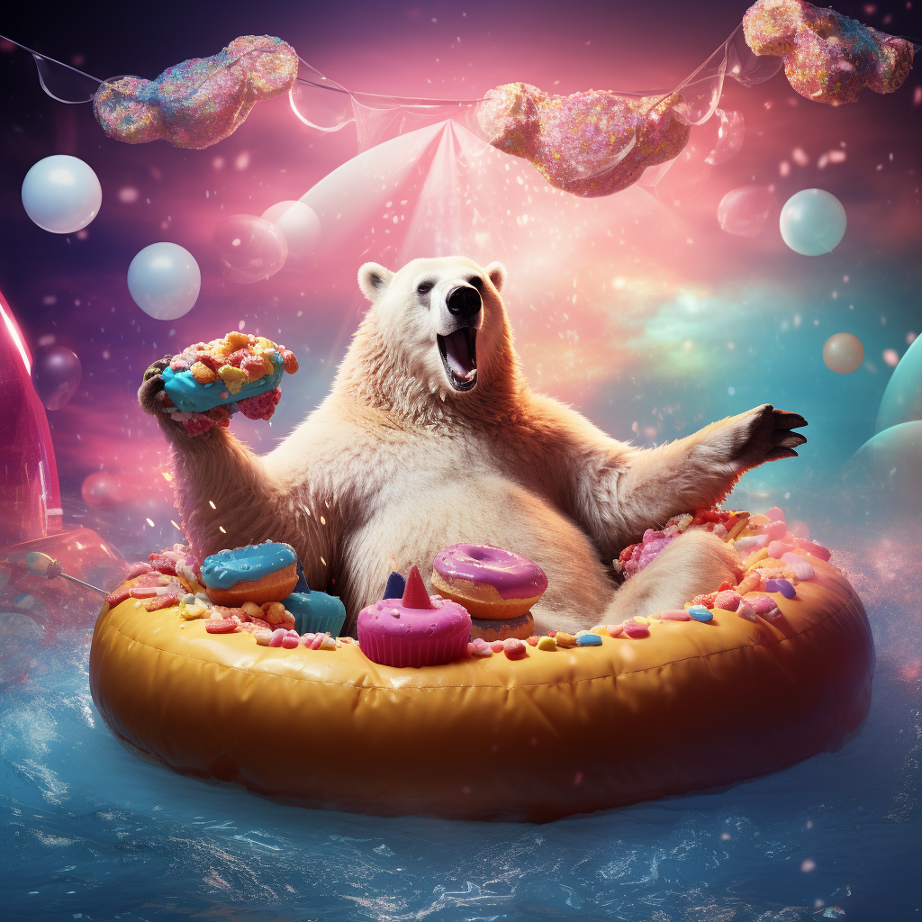 Bear enjoying snacks on unicorn pool floaty