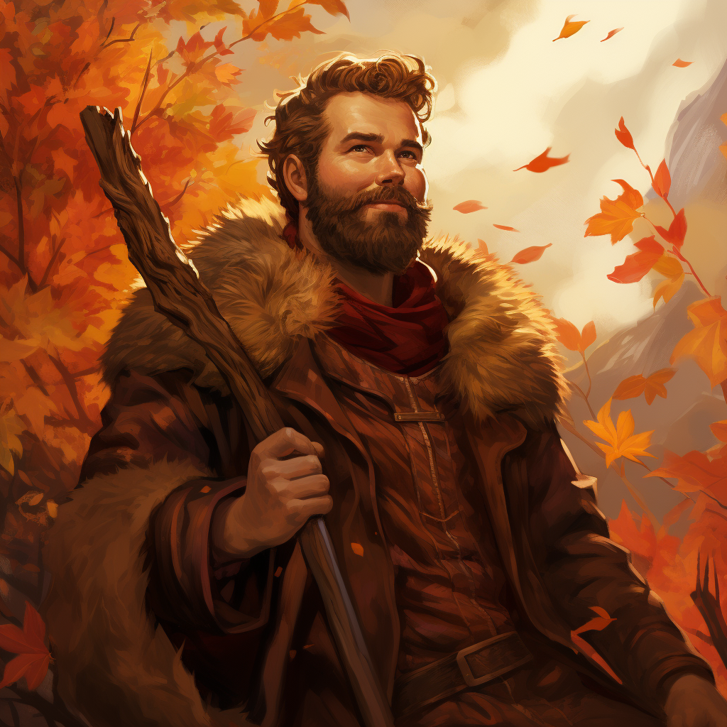 Bearded character with long staff in warm color palette