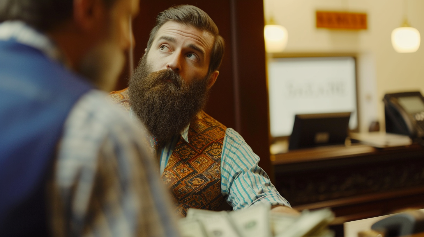 Bearded man at bank with dollars