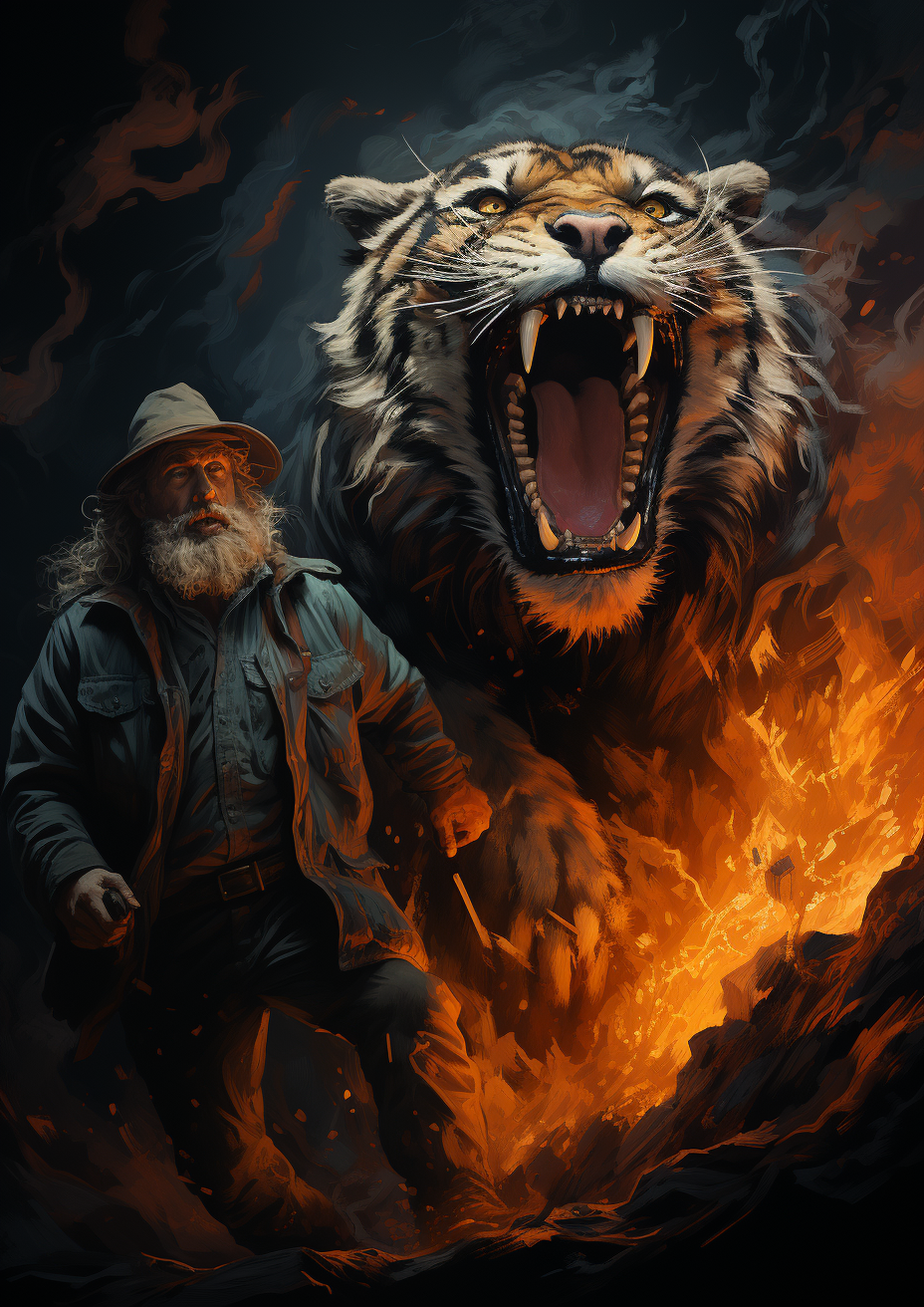 Bearded hillbilly fighting a tiger