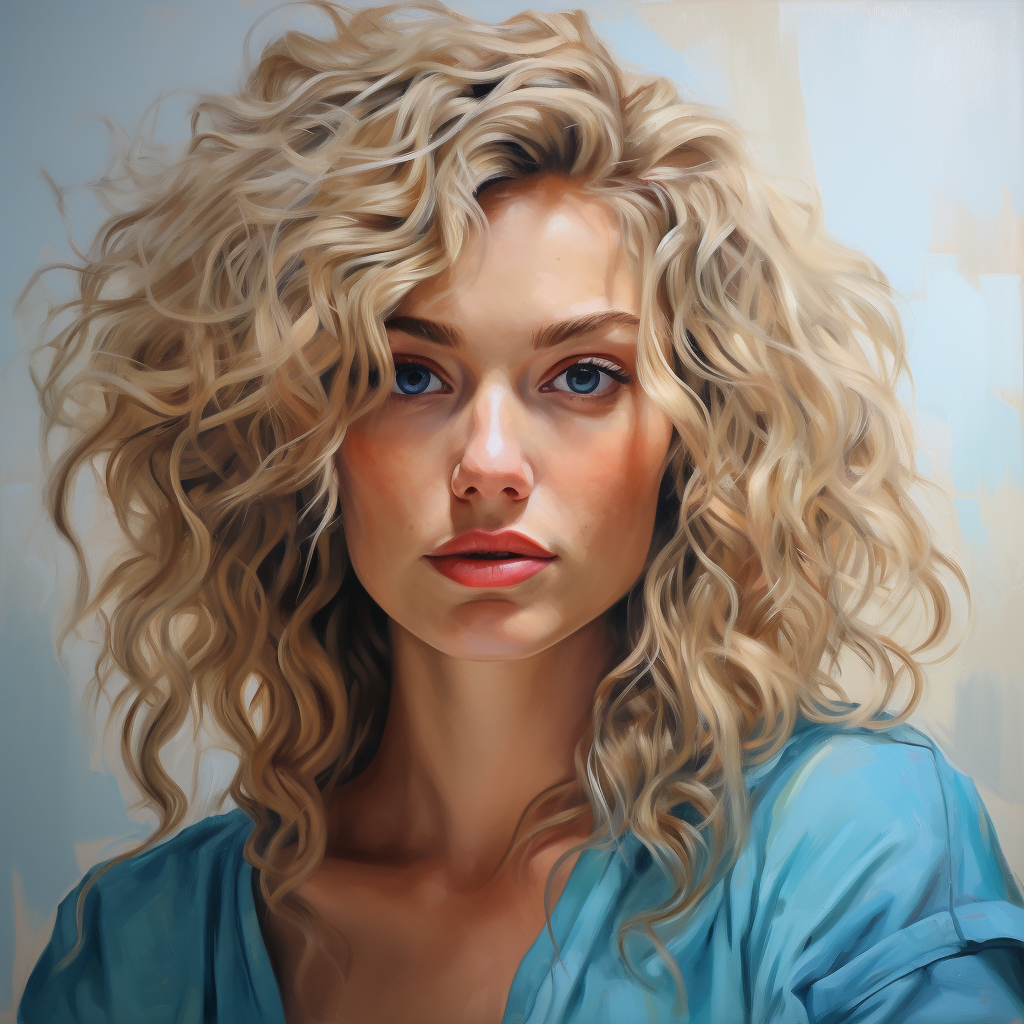 Beautiful artist painting with blonde curly hair