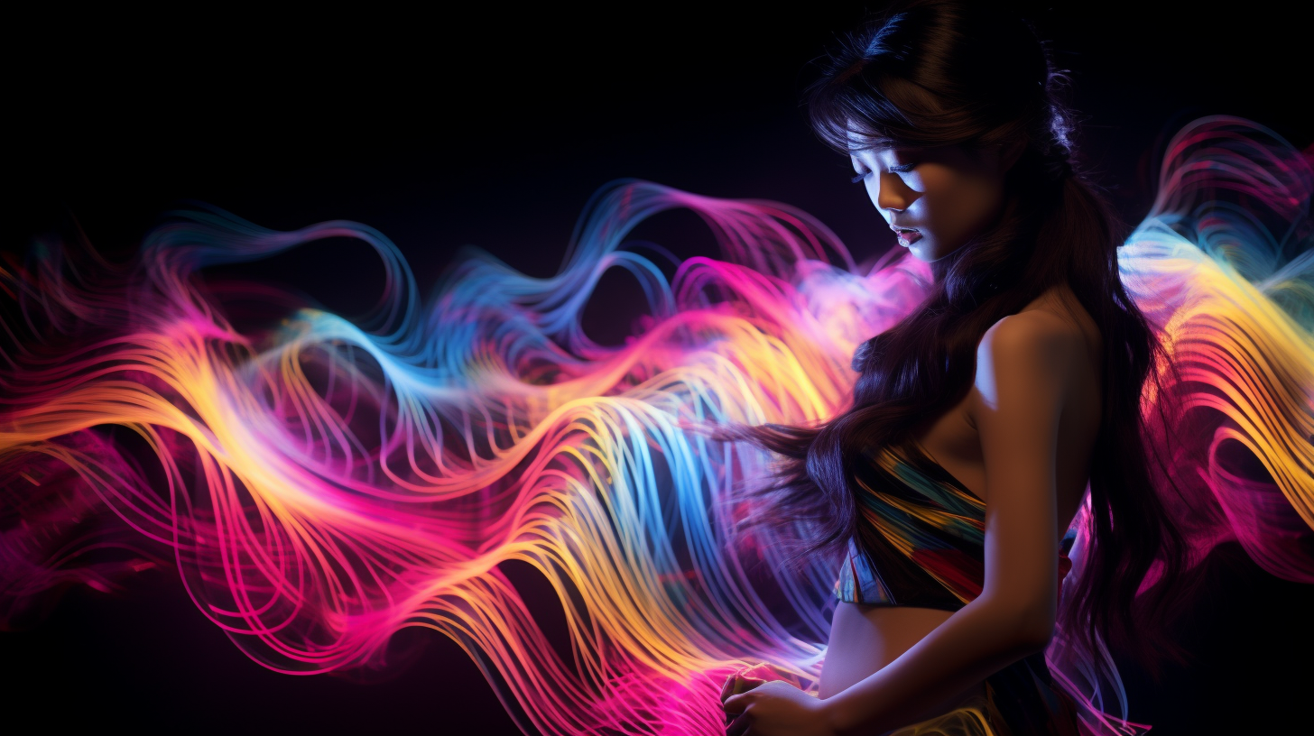 Beautiful Asian model in neon fractal mist