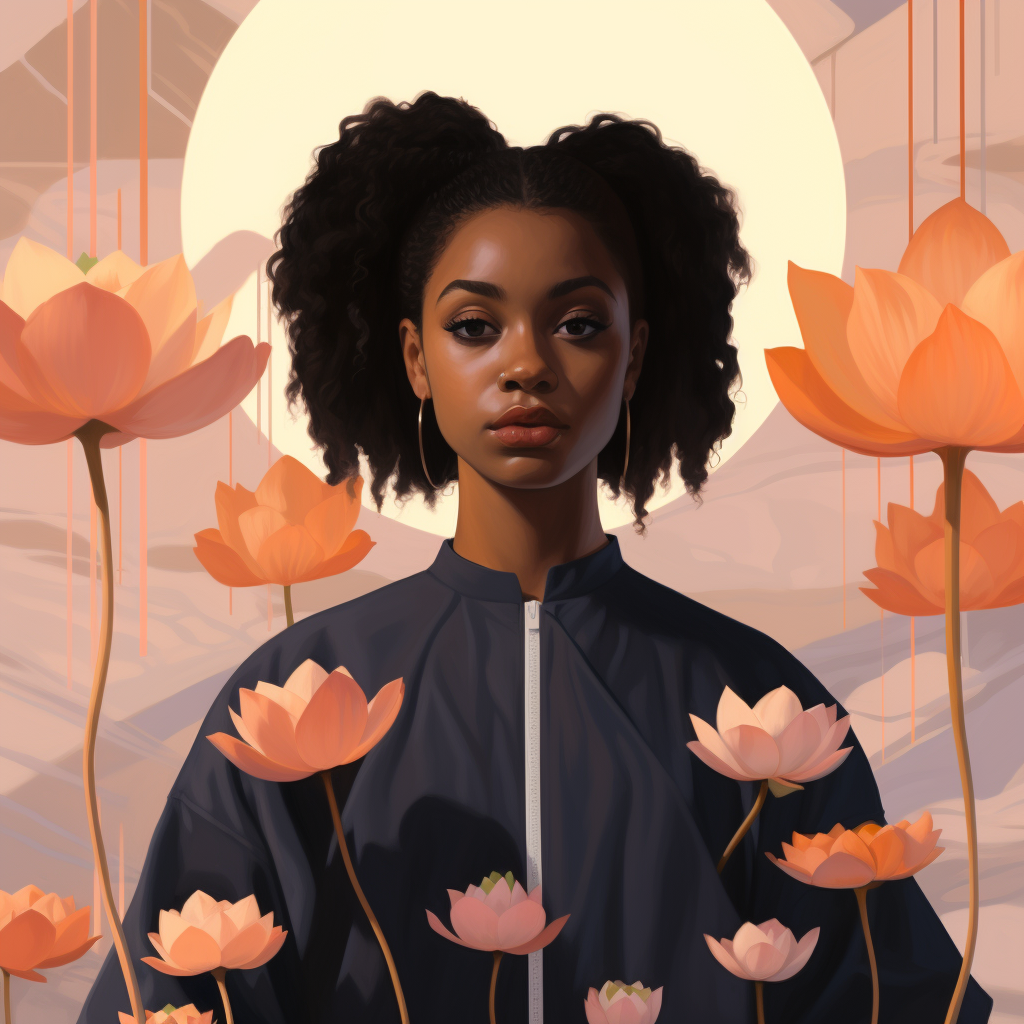 Beautiful black girl surrounded by lilypads